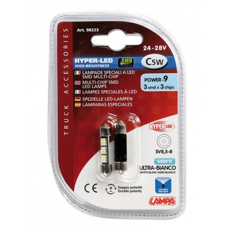 24/28V Hyper-Led 9 - 3 SMD x 3 chips - C5W - 10x36 mm - SV8.5-8 - bianco - Doppia polarita'