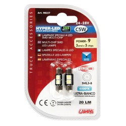 24/28V Hyper-Led 6 - 2 SMD x 3 chips - 10x31 mm - SV8.5-8 - bianco - Doppia polarita'