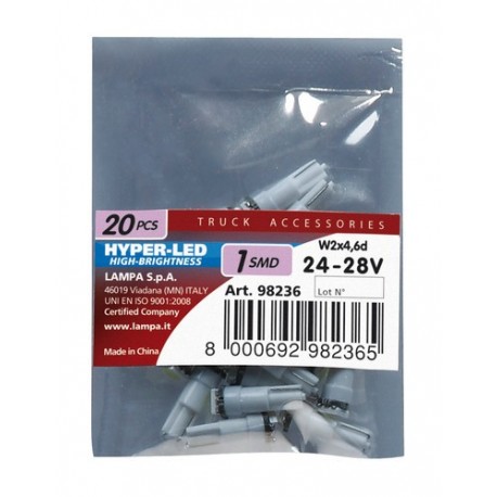 24/28V Hyper-Led 3 - 1 SMD x 3 chips - T5 - W2x4.6d - 20 pz - Busta - bianco