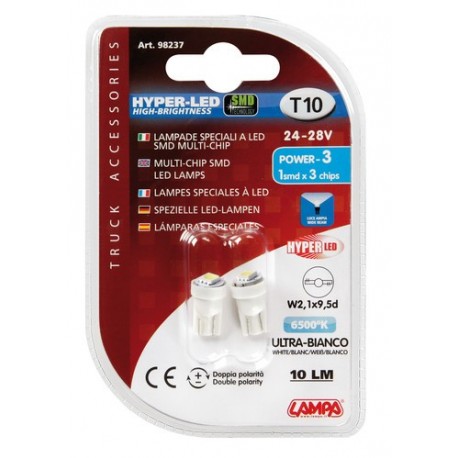 24/28V Hyper-Led 3 - 1 SMD x 3 chips - T10 - W2.1x9.5d - bianco - Doppia polarita'