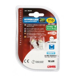 24/28V Hyper-Led 6 - 2 SMD x 3 chips - T10 - W2.1x9.5d - bianco - Doppia polarita'
