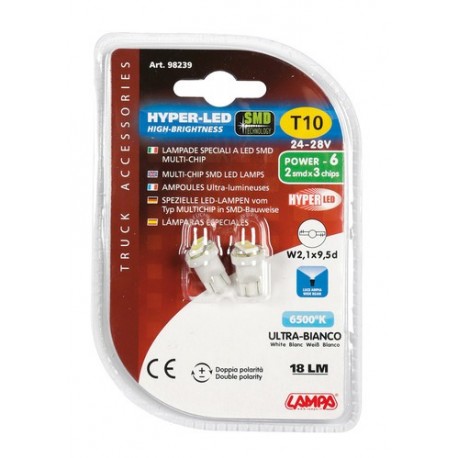 24/28V Hyper-Led 6 - 2 SMD x 3 chips - T10 - W2.1x9.5d - bianco - Doppia polarita'