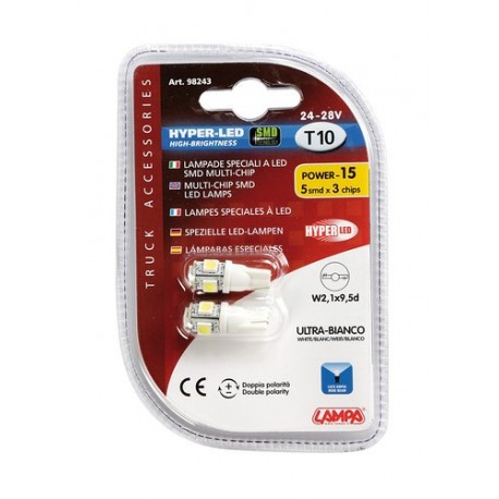24/28V Hyper-Led 15 - 5 SMD x 3 chips - T10 - W2.1x9.5d - bianco - Doppia polarita'