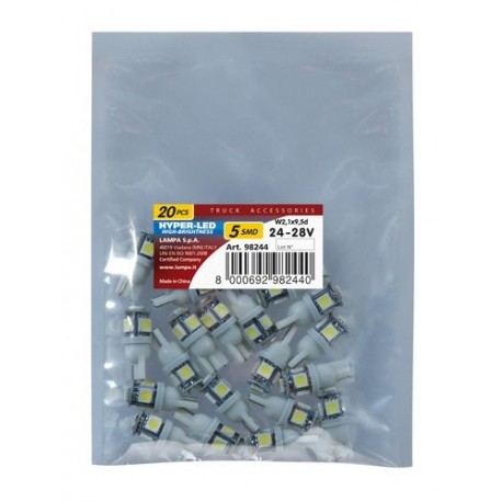 24/28V Hyper-Led 15 - 5 SMD x 3 chips - T10 - W2.1x9.5d - 20 pz - Busta - bianco - Doppia polarita'