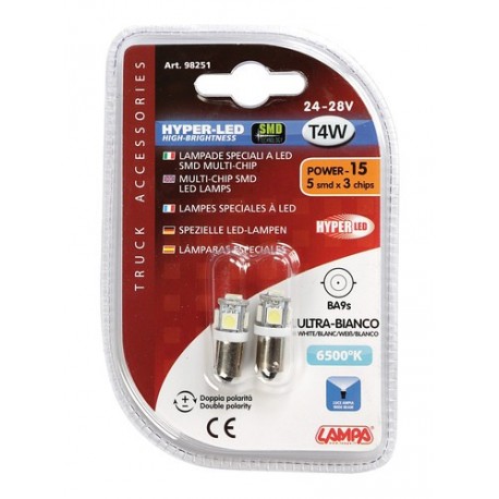 24/28V Hyper-Led 15 - 5 SMD x 3 chips - T4W - BA9s - bianco - Doppia polarita'