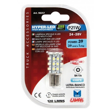 24/28V Hyper-Led 39 - 39 SMD x 1 chips - P21W - BA15s - 1 pezzo in blister - bianco - Doppia polarita'