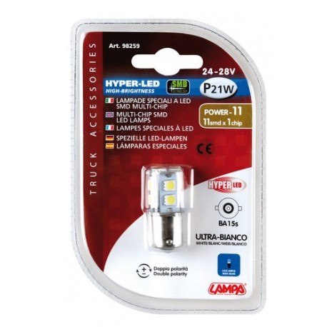 24/28V Hyper-Led 33 - 11 SMD x 3 chips - P21W - BA15s - 1 pezzo in blister - bianco - Doppia polarita'