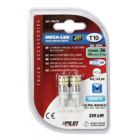 24-30V Mega-Led 36 - 36 SMD x 1 chip - T10 - W2.1x9.5d - bianco - Doppia polarita'