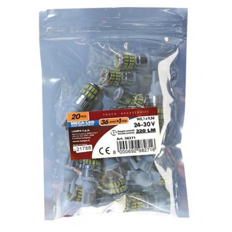 24-30V Mega-Led 36 - 36 SMD x 1 chip - T10 - W2.1x9.5d - 20 pz - Busta - bianco - Doppia polarita'