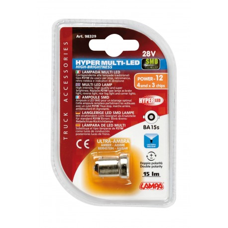 24/28V Hyper-Led 12 - 4 SMD x 3 chips - P21W - BA15s - 1 pezzo in blister - Arancio - Doppia polarita'