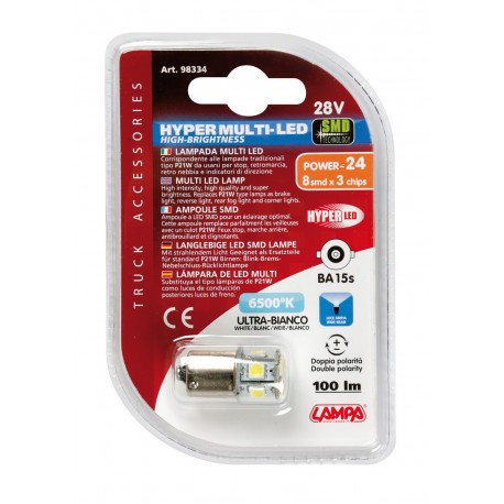 24/28V Hyper-Led 24 - 8 SMD x 3 chips - P21W - BA15s - 1 pezzo in blister - bianco - Doppia polarita'