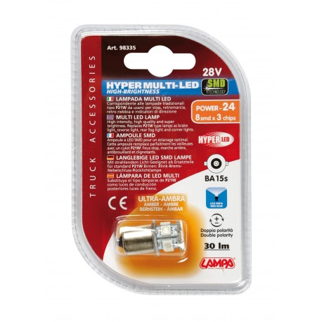 24/28V Hyper-Led 24 - 8 SMD x 3 chips - P21W - BA15s - 1 pezzo in blister - Arancio - Doppia polarita'