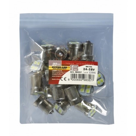 24/28V Hyper-Led 12 - 4 SMD x 3 chips - P21W - BA15s - 20 pz - Busta - bianco - Doppia polarita'