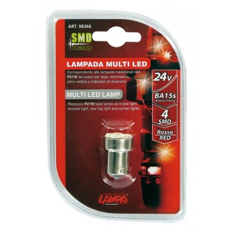 24V Hyper-Led 12 - 4 SMD x 3 chips - P21W - BA15s - 1 pezzo in blister - rosso - Doppia polarita'