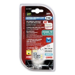 24V Hyper-Led 12 - 4 SMD x 3 chips - T10 - Bifocus - W2.1x9.5d - bianco - Doppia polarita' - Resistenza incorporata