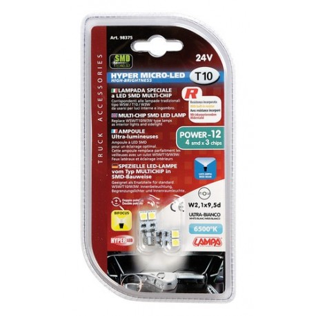 24V Hyper-Led 12 - 4 SMD x 3 chips - T10 - Bifocus - W2.1x9.5d - bianco - Doppia polarita' - Resistenza incorporata