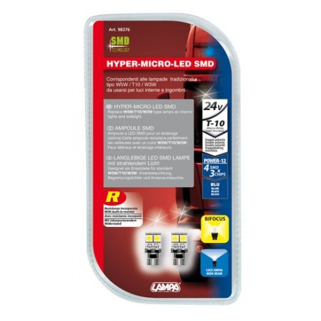 24V Hyper-Led 12 - 4 SMD x 3 chips - T10 - Bifocus - W2.1x9.5d - Blu - Doppia polarita' - Resistenza incorporata