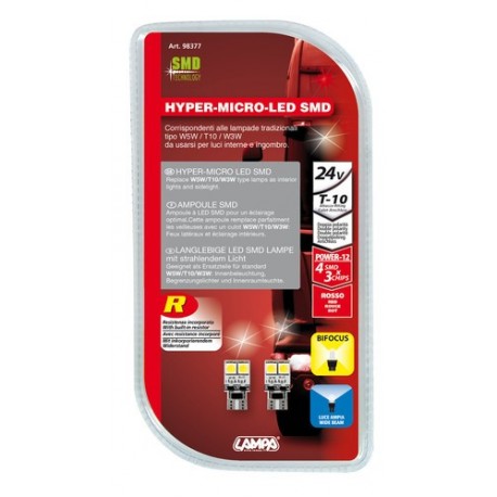 24V Hyper-Led 12 - 4 SMD x 3 chips - T10 - Bifocus - W2.1x9.5d - rosso - Doppia polarita' - Resistenza incorporata