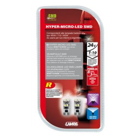 24V Hyper-Led 24 - 8 SMD x 3 chips - T10 - Trifocus - W2.1x9.5d - rosso - Doppia polarita' - Resistenza incorporata
