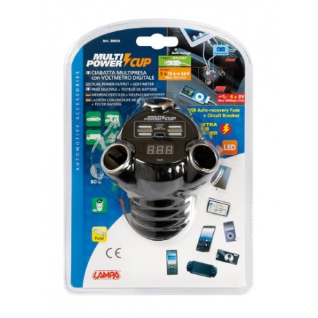 Multi-Power Cup 3 prese accendisigari + 4 USB e voltmetro 12/24/36V