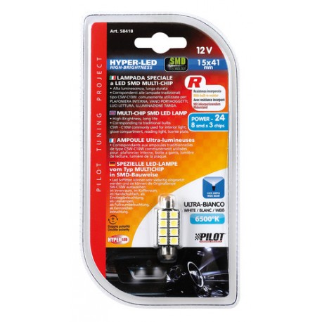 12V Hyper-Led 24 - 8 SMD x 3 chips - 15x42 mm - SV8.5-8 bianco doppia polarita' resistenza incorporata