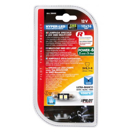 12V Hyper-Led 6 - 2 SMD x 3 chips - C5W - 10x36 mm - SV8.5-8 bianco doppia polarita' resistenza incorporata