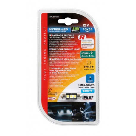 12V Hyper-Led 9 - 3 SMD x 3 chips - C5W - 10x36 mm - SV8.5-8 bianco doppia polarita' resistenza incorporata