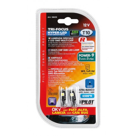 12V Hyper-Led 9 - 3 SMD x 3 chips - T10 - Trifocus - W2.1x9.5d bianco doppia polarita' resistenza incorporata