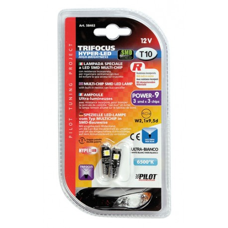 12V Hyper-Led 9 - 3 SMD x 3 chips - T10 - Trifocus - W2.1x9.5d bianco doppia polarita' resistenza incorporata