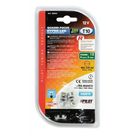 12V Hyper-Led 12 - 4 SMD x 3 chips - T10 - Quadrifocus - W2.1x9.5d bianco doppia polarita' resistenza incorporata