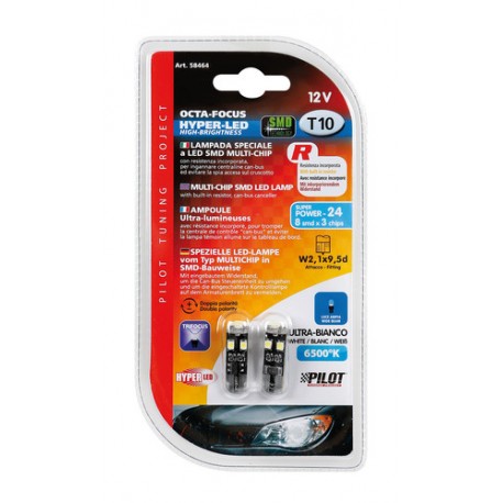 12V Hyper-Led 24 - 8 SMD x 3 chips - T10 - Trifocus - W2.1x9.5d bianco doppia polarita' resistenza incorporata