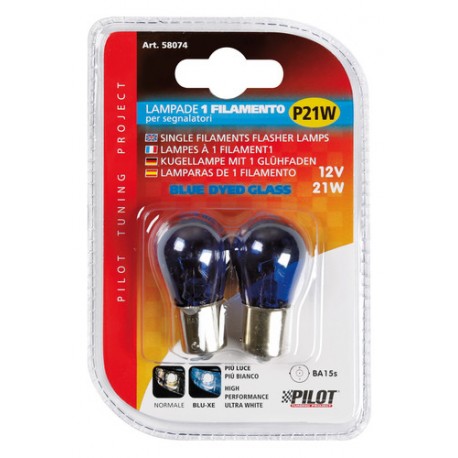 12V Blue Dyed Glass Lampada 1 filamento - P21W - 21W - BA15s - 2 pz in blister