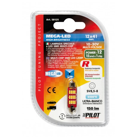 10-30V Mega-Led 12 - 12 SMD x 1 chip - 12x41 mm - SV8.5-8 bianco doppia polarita' resistenza incorporata