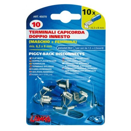 10 terminali capicorda doppio innesto maschio+femmina blu